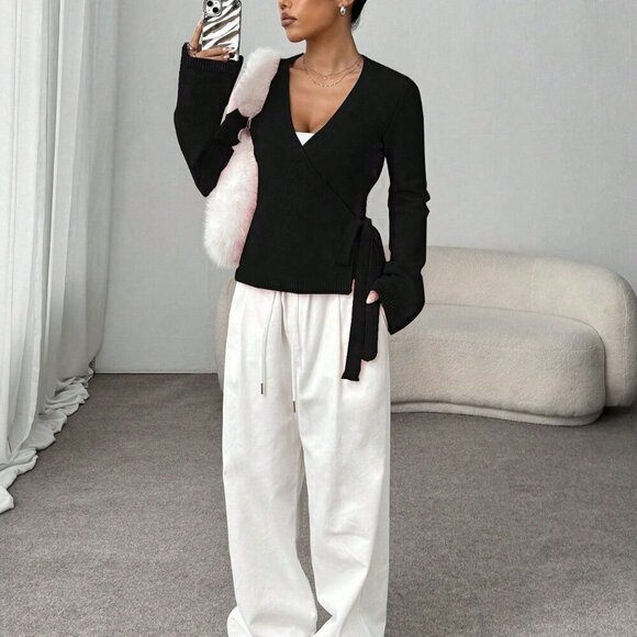 Black Casual Women's Lace-Up Loose Versatile knit Cardigan - Picture 7 of 8